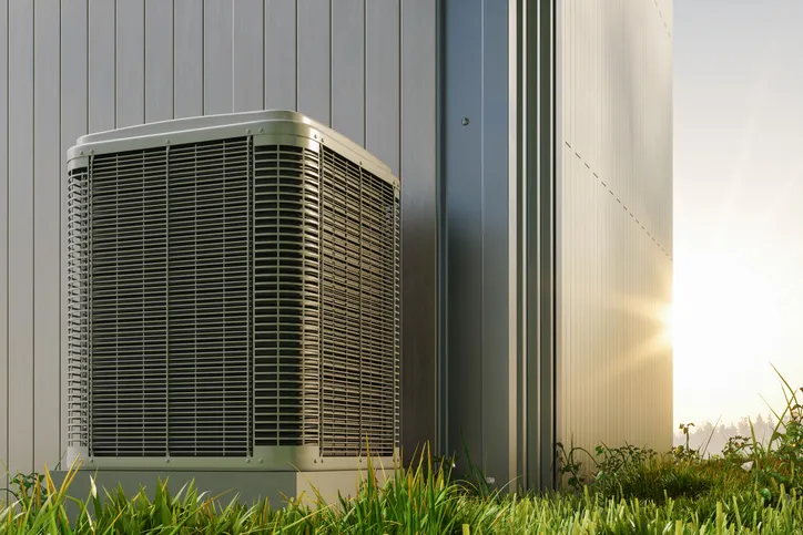 Outdoor air conditioning unit installed beside a building in a grassy, sunlit area, representing efficient HVAC placement and maintenance