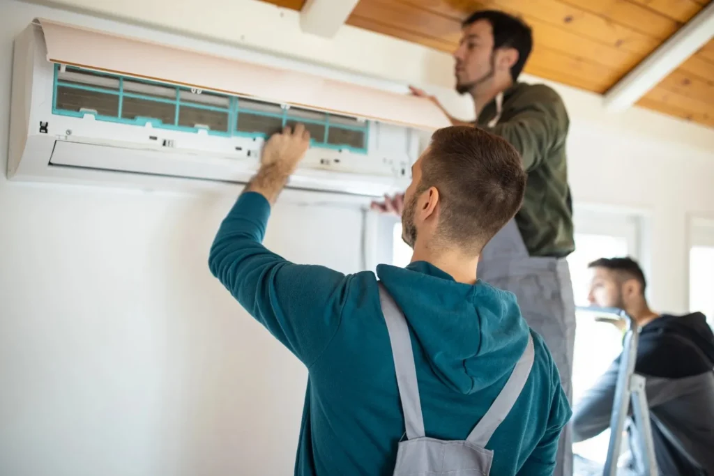 Three men appear to be installing or servicing a white, wall-mounted air conditioning unit. One man is reaching up to the unit, another is on a ladder to the right, and a third is on a ladder to the left, working near the ceiling.