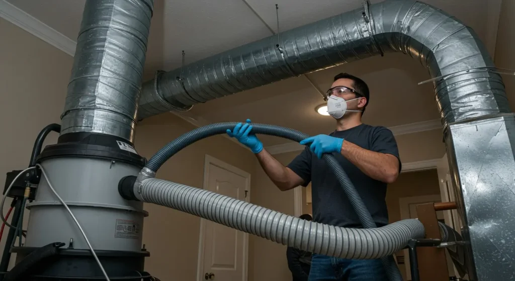 A person wearing safety glasses, a face mask, and blue gloves uses a large, flexible hose connected to a powerful vacuum system to clean a network of silver, cylindrical air ducts in a residential setting.