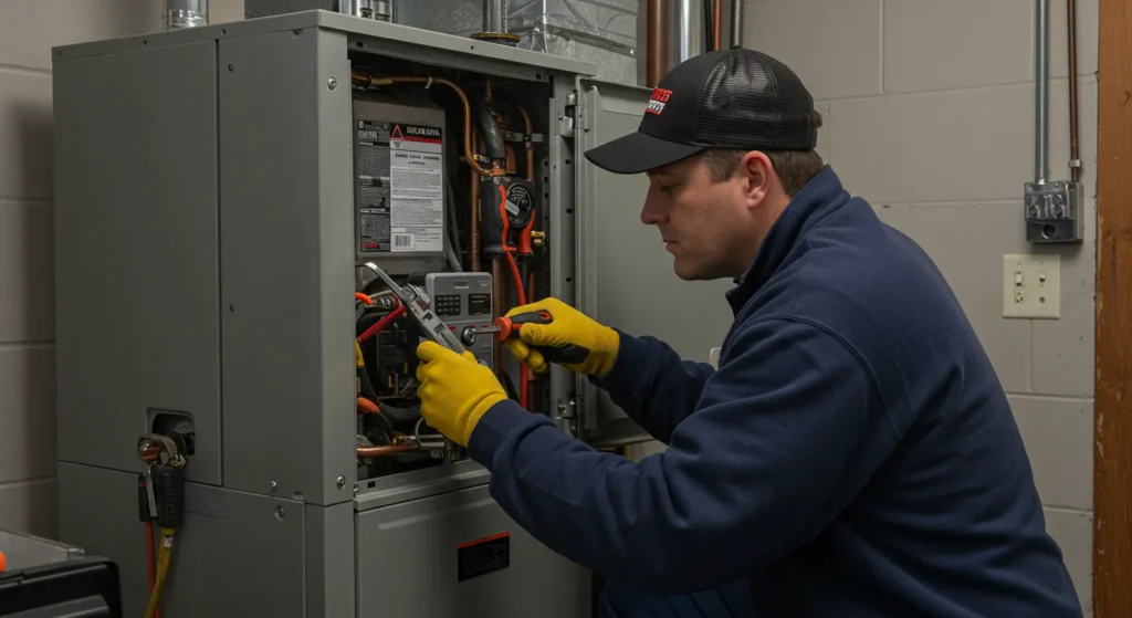 Technician in blue jacket and yellow gloves repairing an electrical panel or HVAC system with visible wires and components
