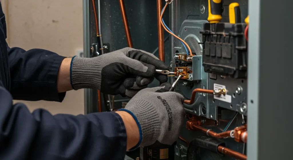 Technician wearing gloves repairing wiring and components inside an electrical or HVAC panel using hand tools