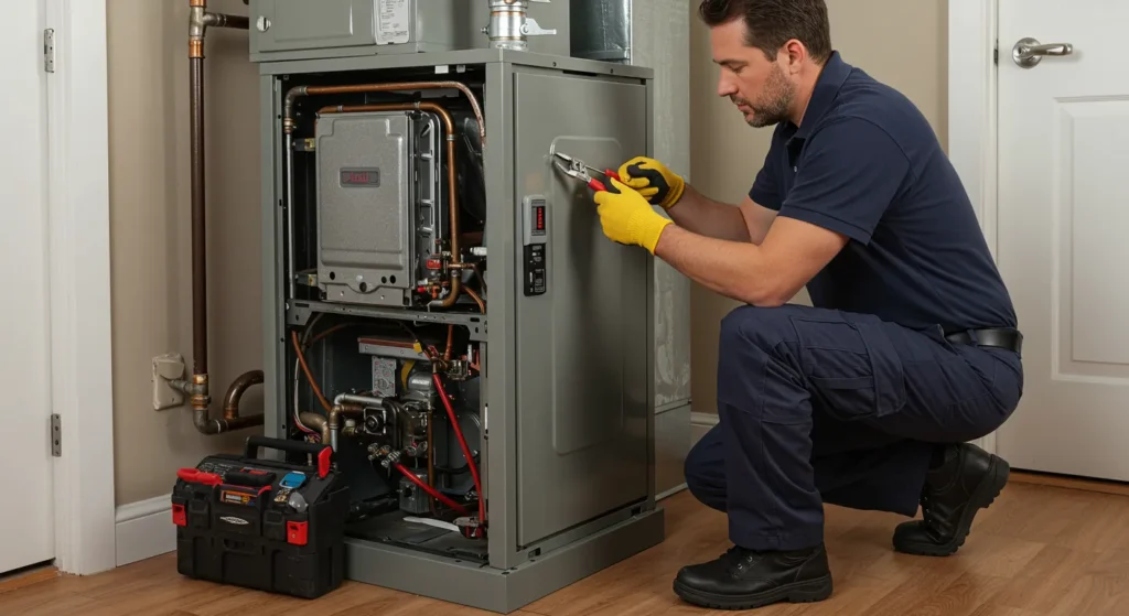 HVAC technician in navy blue uniform and yellow gloves servicing a furnace system with open panel, tools, and components visible