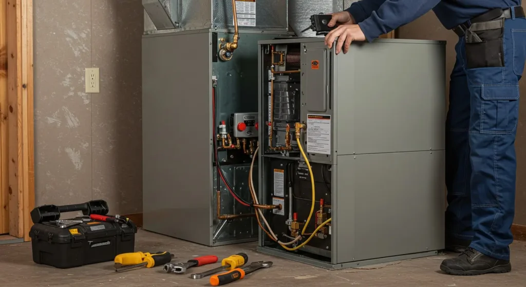 A technician in blue work pants is inspecting the internal components of a gray furnace with tools laid out on the floor nearby. Another similar unit is visible in the background.