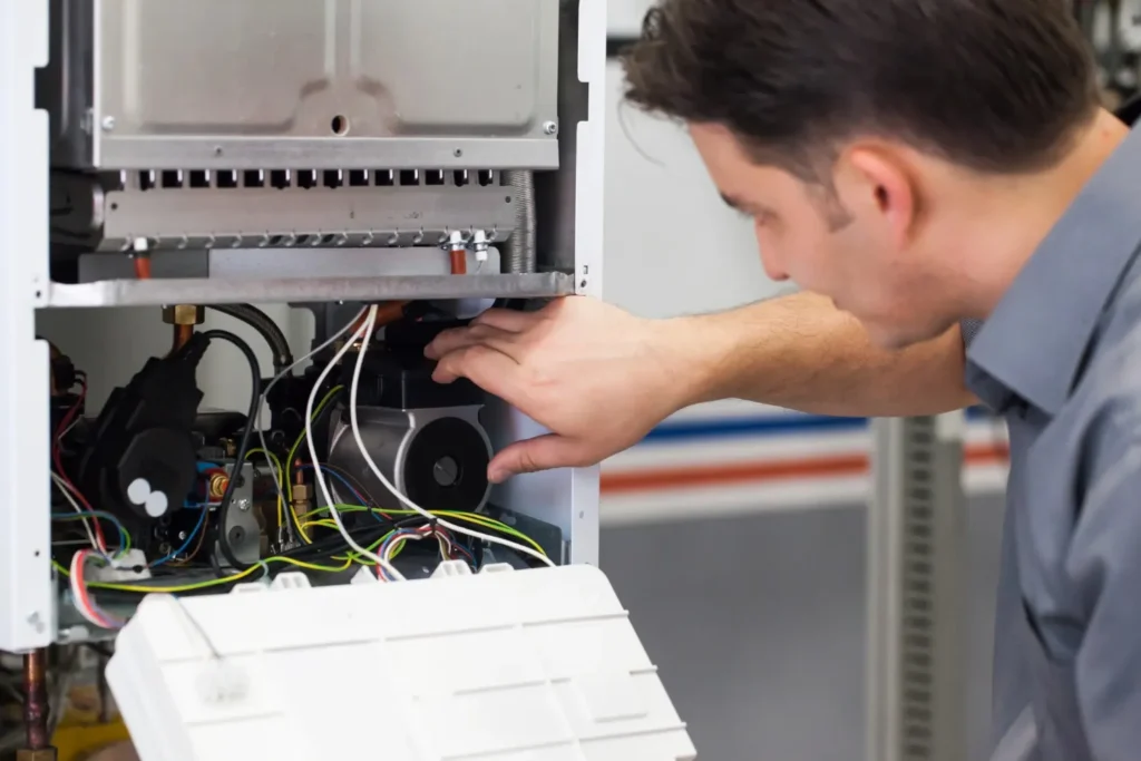 A person with dark hair is inspecting the internal components and wiring of a white furnace with its access panel partially removed.