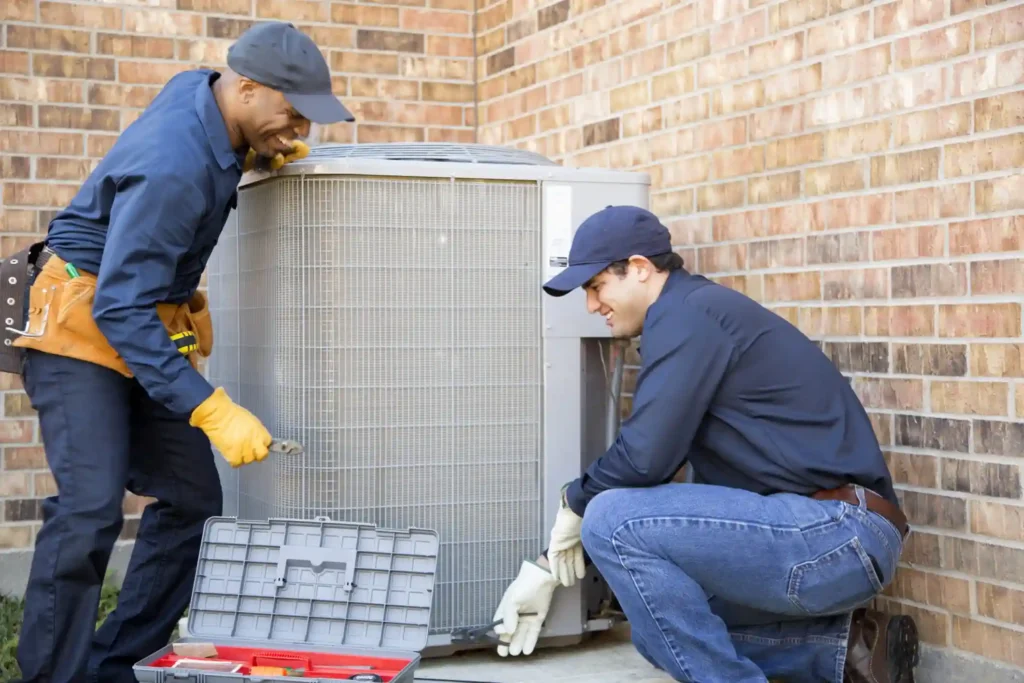Two HVAC technician trying to replace the outdoor ac system