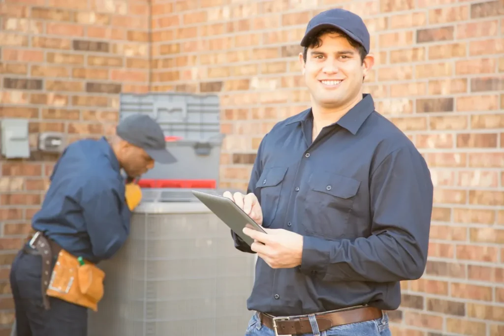 A man is smiling with a clipboard in hand and at the back his partner is fixing the AC