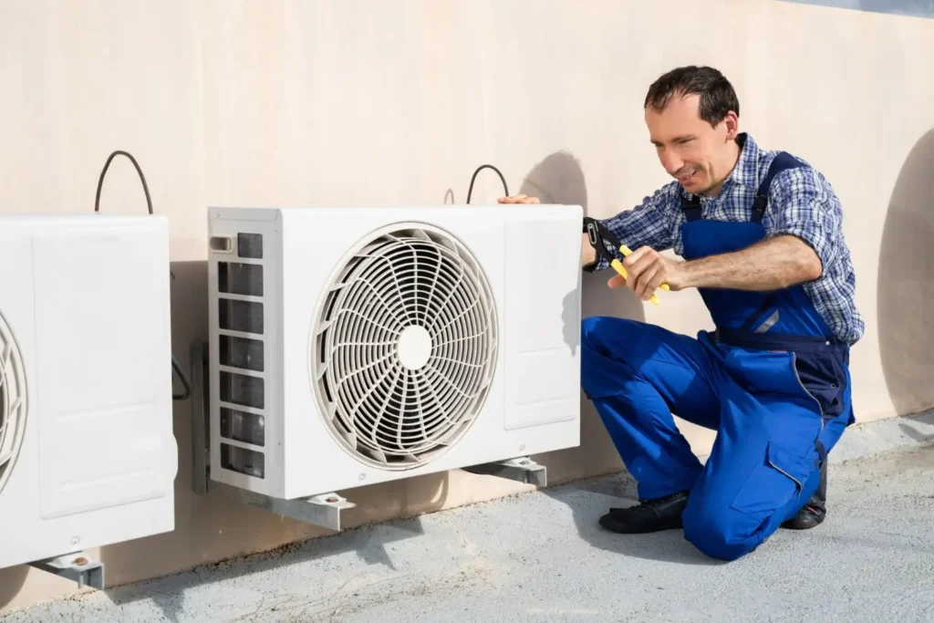 A HVAC Technician in blue dress servicing a heat pump installed outside the home