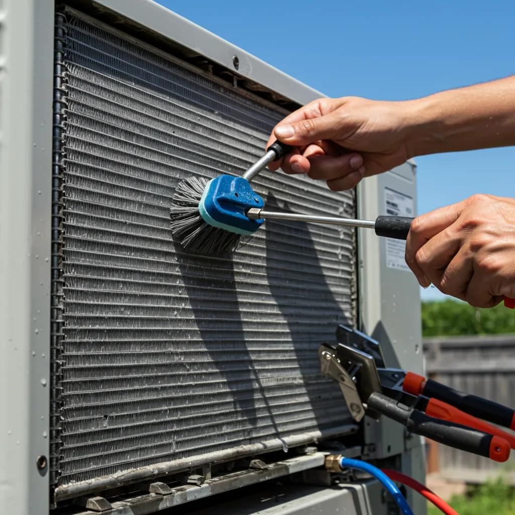 HVAC technician cleaning condenser coils on an air conditioner, highlighting the benefits of routine AC maintenance