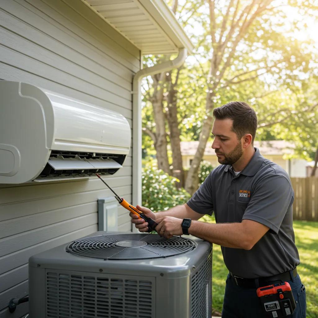 Technician inspecting an air conditioning unit in a residential setting, showcasing HVAC expertise