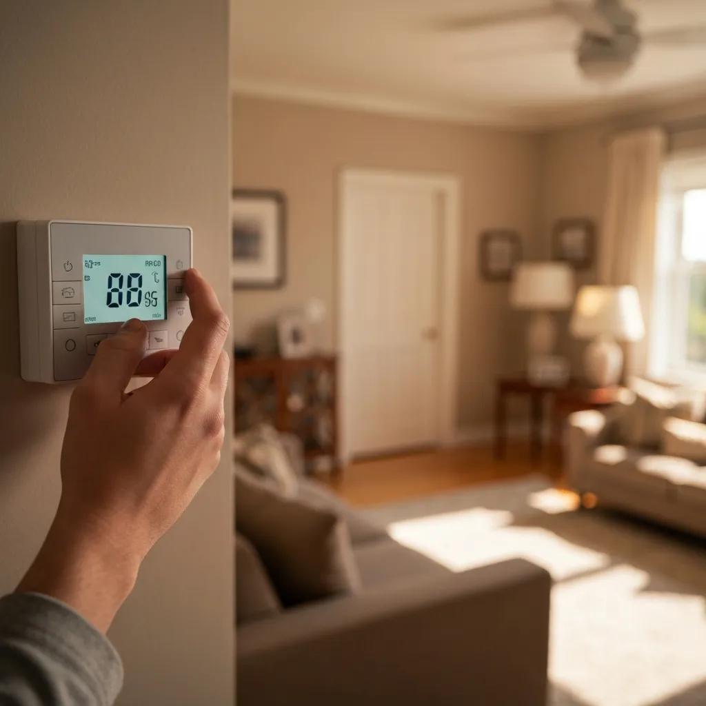 Close-up of a hand adjusting a thermostat — troubleshooting thermostat issues