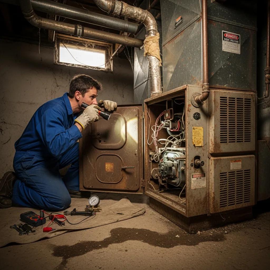 Technician examining an older heating system showing wear and tear