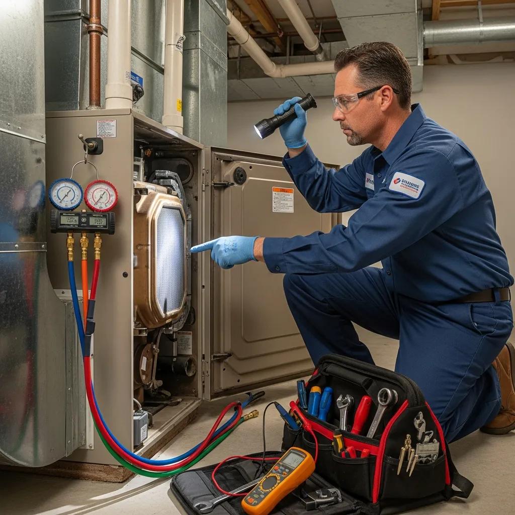 HVAC technician inspecting a furnace — benefits of professional tune-ups