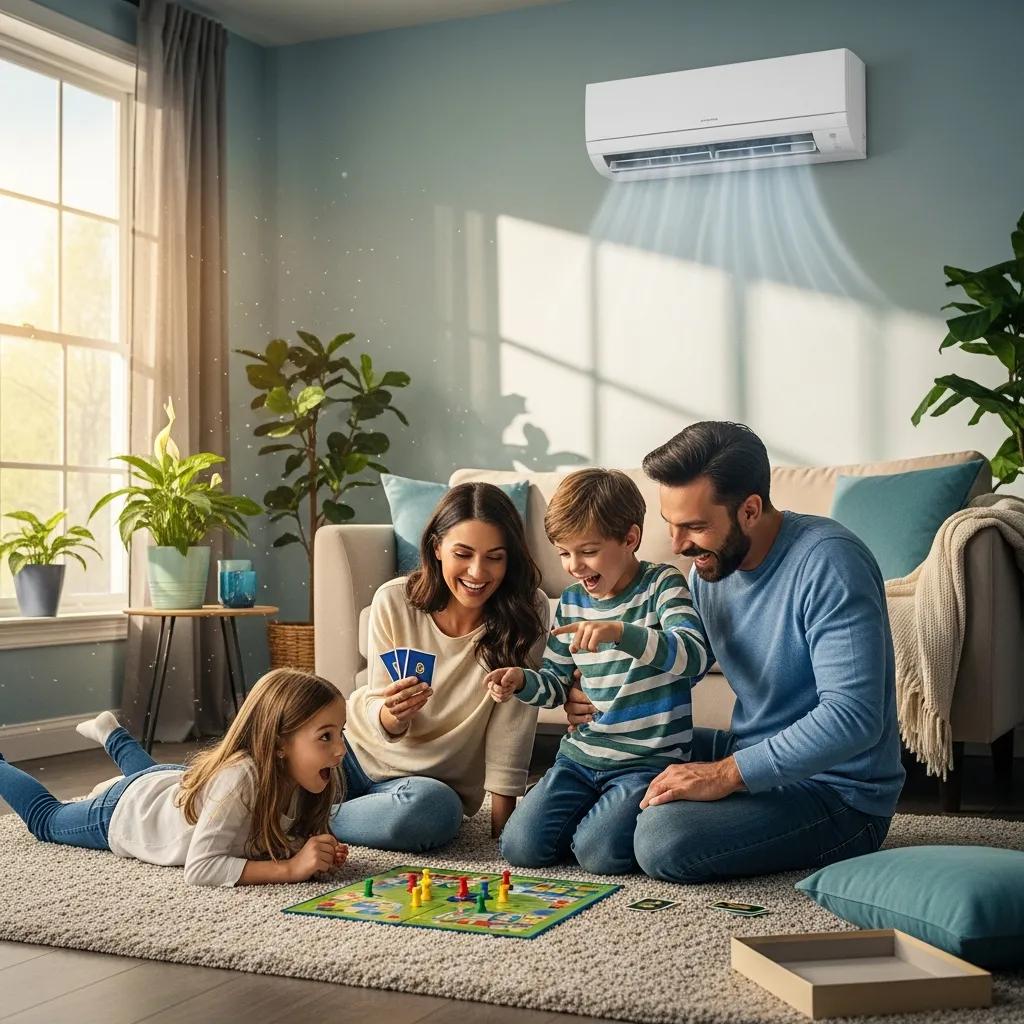 Happy family enjoying a cool living room during summer with an air conditioner in the background